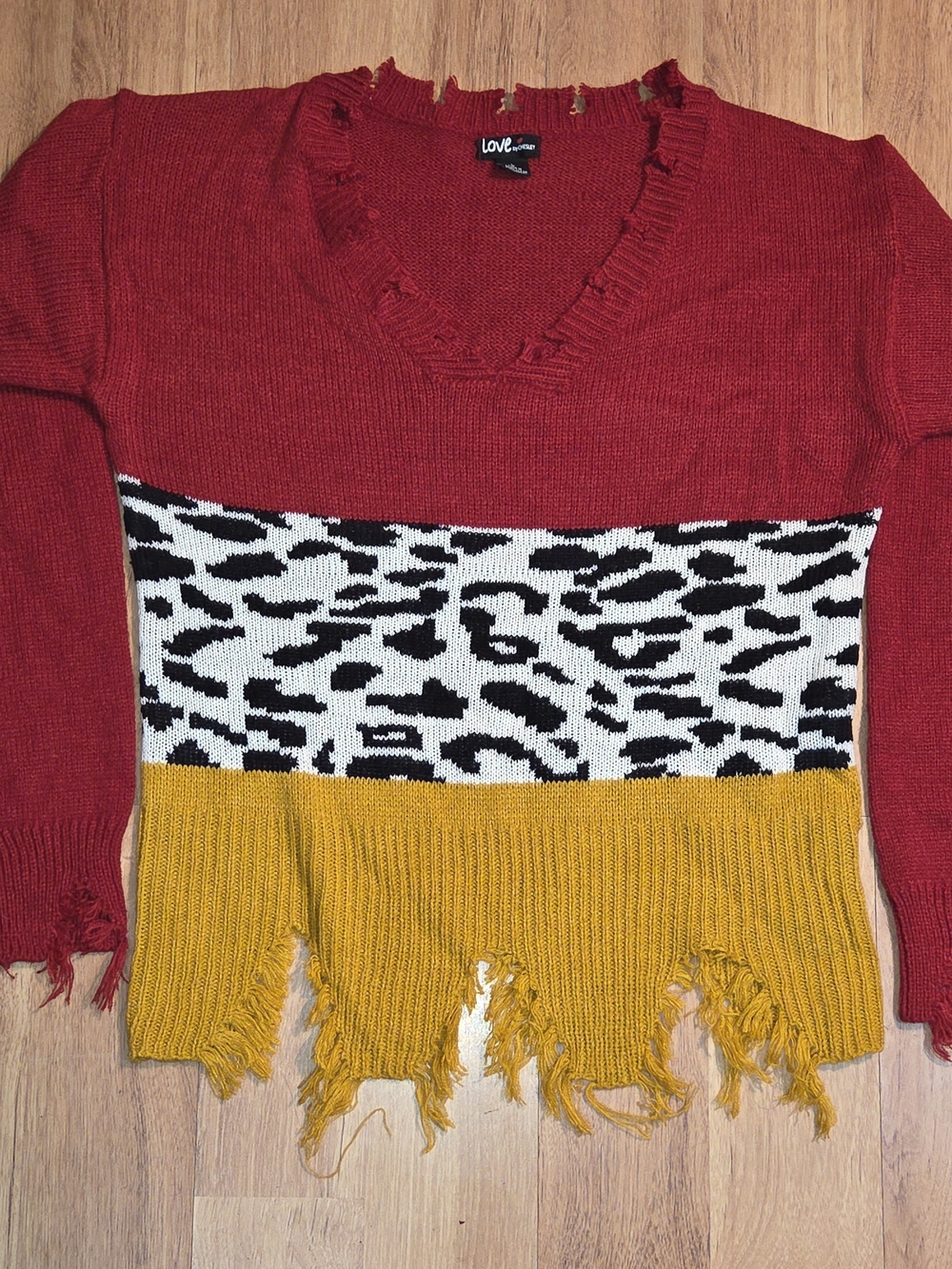 LOVE Red V-Neck Colorblock Sweater with Mustard Fringe